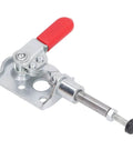 Stainless Steel Push Pull Toggle Clamp With Quick Grip Pro Grade 40Kg Clamping Force, shown angled side view, steel and red handle