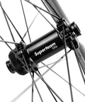 Hub detail of Carbon Fiber U Shape Road Bike Wheelset With Disc Brakes, Clincher Deep Rim 38 50 60 88mm, 50 25mm Option.