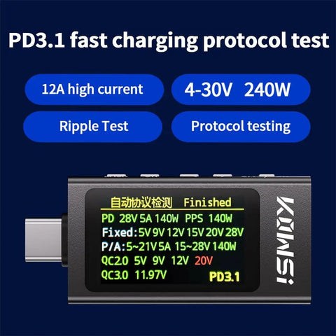 Image of USB C Power Meter Tester With LCD Display Digital Multimeter For PD 3.1 Protocol Testing Type C Voltage And Current Meter Fast Charging Up To 240W 40V 12A Handy USB C Voltage Tester For Your Charging Gear with test results on screen