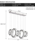 Specification of Five Ring Crystal Chandelier Pendant Light With Height Adjustable Stainless Steel Frame Dope K9 Crystals UL Certified.