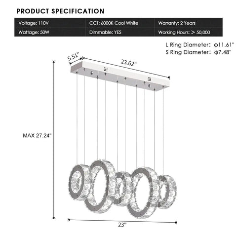 Specification of Five Ring Crystal Chandelier Pendant Light With Height Adjustable Stainless Steel Frame Dope K9 Crystals UL Certified.