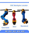 Three CNC Workpiece Locators in blue, red, and yellow colors, showing extended, mini, and standard sizes for precise alignment.