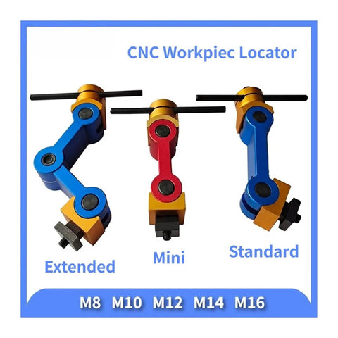 Three CNC Workpiece Locators in blue, red, and yellow colors, showing extended, mini, and standard sizes for precise alignment.