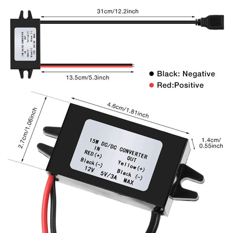 12V To 5V USB Buck Converter Module For Cars, 3A Regulator Power Adapter with USB Output and labeled wiring connections