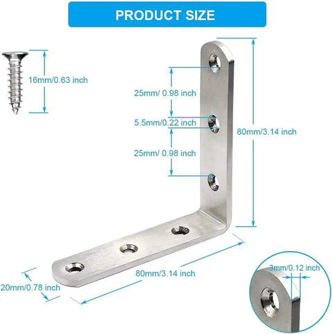 Heavy Duty Steel Angle Brackets Metal Connectors Screws Stainless L Braces dimensions with detailed measurements and screw size