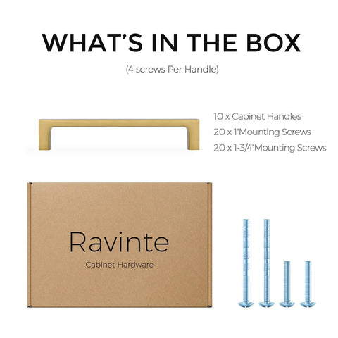 Solid Five Inch Square Cabinet Handles 10 Pack Brushed Brass Drawer Pulls, screws, and packaging from Ravinte.