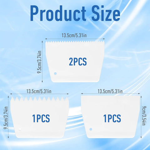 Product size details for No Sweat Notched Glue Spreader Kit, showing two 5.31in notched trowels and one 3.54in trowel.
