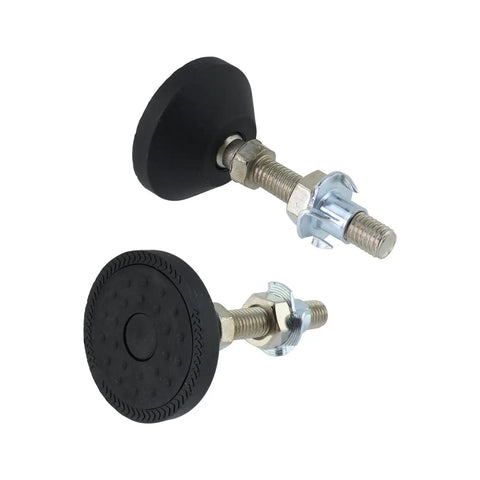 Industrial Grade Heavy Duty Badass M10 Adjustable Leveling Feet Kit With Four Tee Nuts For Machinery And Cabinet Setup Quick Install Precision Rubber Base Pads, close-up view of rubber base pads and steel nuts.