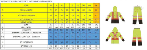 Size chart for high visibility rain suit with jacket and pants, includes measurements for Class 3 ANSI ISEA 107 2015 in various sizes.