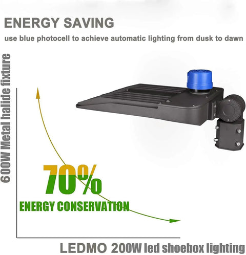 200W Outdoor LED Parking Lot Light With Dusk to Dawn Sensor and blue photocell for energy saving, shown in side view.