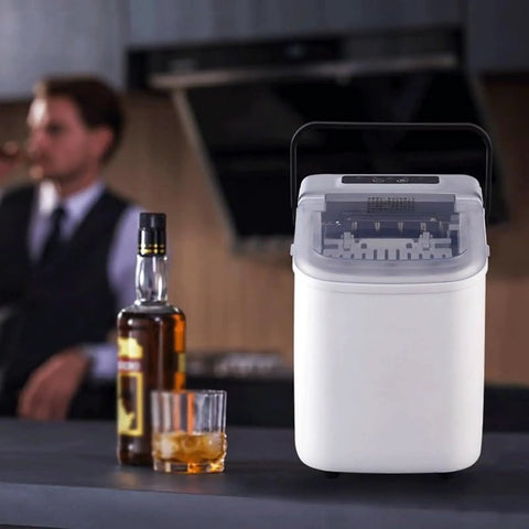 Portable Countertop Ice Cube Maker With Led Screen Produces 22 Pounds Daily, white compact design on kitchen counter