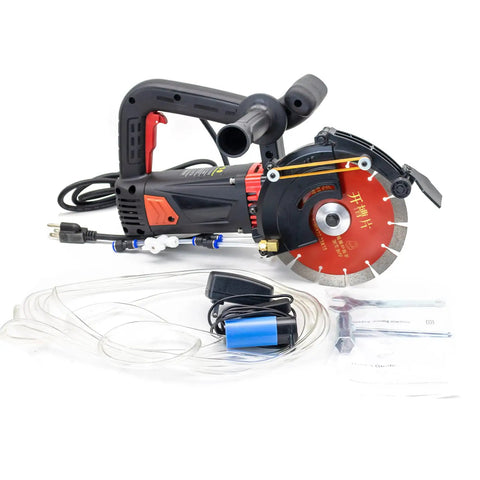 Pro Grade 8 Inch Electric Concrete Saw 4800W Wall Chaser Cutter with red blade, water pump hose, and adjustable handle