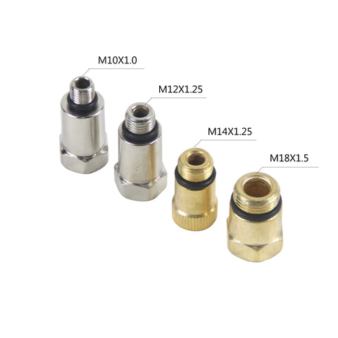 Automotive leak-down tester adapter set: four threaded fittings in silver and brass (M10x1.0, M12x1.25, M14x1.25, M18x1.5)