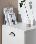 Three Inch Hole Centers Clear Glass Cabinet Cup Pulls With Scalloped Crystal Glass And Oil Rubbed Bronze Base installed on white cabinet