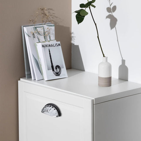 Three Inch Hole Centers Clear Glass Cabinet Cup Pulls With Scalloped Crystal Glass And Oil Rubbed Bronze Base installed on white cabinet