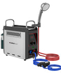 Nano 3 Portable Propane Water Heater With Pump Kit For Camping And RVs Ultra Compact And Lightweight, front view with hoses and shower