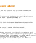 Text description of features for Set Of 20 12x1.5 Extended Spike Lug Nuts For Wheel Rims Tuner Style Black Forged Steel 60 Degree Cone Seat.