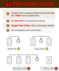 Diagram showing pre-order guide for 3 Way Smart Light Switches With Voice And App Control Requires Neutral Wire And 2.4 GHz WiFi FCC Listed.