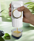 Smooth Operator Hand Pump Espresso Maker For Pods Or Grounds Portable Travel Coffee Brewer with leak proof mug in use.