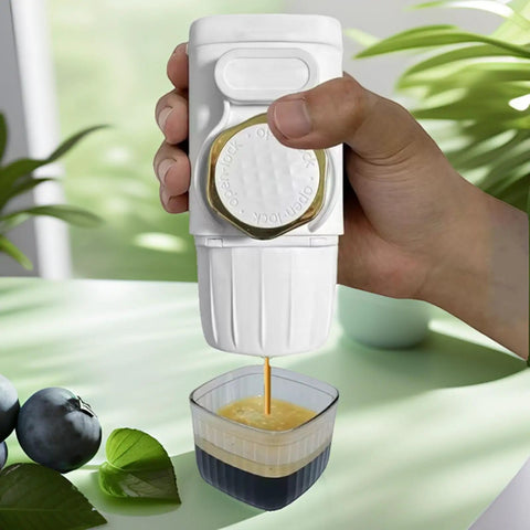 Smooth Operator Hand Pump Espresso Maker For Pods Or Grounds Portable Travel Coffee Brewer with leak proof mug in use.