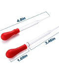 Glass droppers with red rubber bulbs showing measurements, part of Low Form Glass Beaker Set With Droppers 3 Graduated Borosilicate Beakers