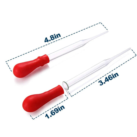 Glass droppers with red rubber bulbs showing measurements, part of Low Form Glass Beaker Set With Droppers 3 Graduated Borosilicate Beakers