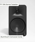 Front view of ORA4 Powered Bluetooth Desktop Speaker in matte black showing 3/4" silk dome tweeter and 4" aluminum concave cone.