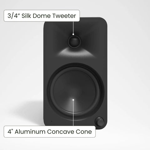 Front view of ORA4 Powered Bluetooth Desktop Speaker in matte black showing 3/4" silk dome tweeter and 4" aluminum concave cone.