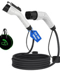 Top Shelf Heavy Duty Level Two EV Charging Cable Type Two Male To Type One Female Mode Three Electric Vehicle Adapter 32 Amp 7 Kw Power Delivery Sixteen Feet Go Getter Cable For J1772 Plug In Vehicles displayed with cable winding and connectors.