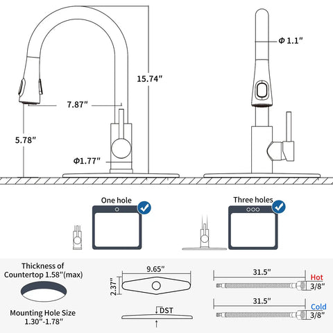 HOMELODY LED Temperature Display Black Kitchen Faucet with Pull Down Sprayer dimensions and installation details blueprint