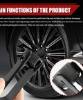 Three Piece No Sweat Wheel Hub Bolt Cover Removal Tool Set Killer Lug Nut Extractor Hooks Sweet Grip Design Smooth Puller in action on vehicle wheel.