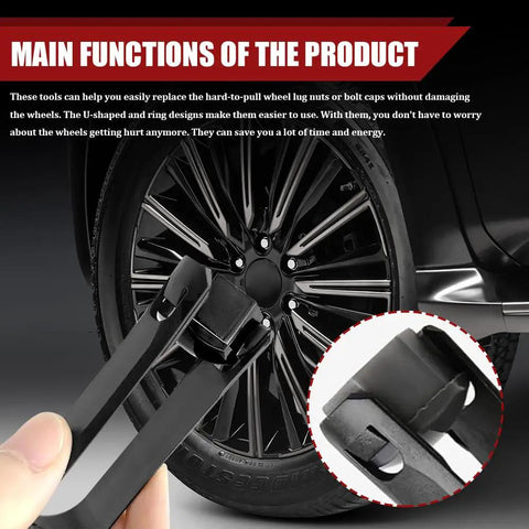 Three Piece No Sweat Wheel Hub Bolt Cover Removal Tool Set Killer Lug Nut Extractor Hooks Sweet Grip Design Smooth Puller in action on vehicle wheel.