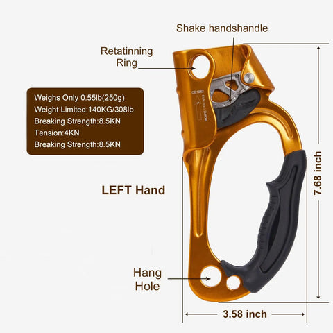 Right Hand Orange Rope Ascender For 8-13mm Rope, Heavy Duty Hand Ascender For Rock Climbing And Arborist Rappelling Gear with size details