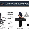 Oversized Padded Camping Chair Two Pack Heavy Duty Quad Chair With Lumbar Support displayed in carry bag with dimensions