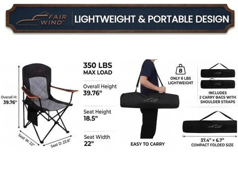 Oversized Padded Camping Chair Two Pack Heavy Duty Quad Chair With Lumbar Support displayed in carry bag with dimensions