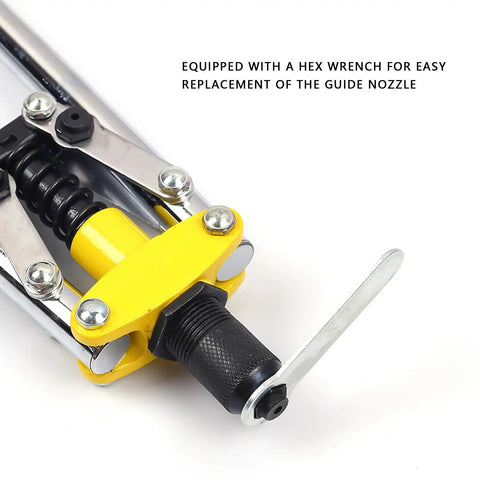 Get Your Hand Rivet Nut Tool Kit Ready For Heavy Industrial Repair Jobs With Double Handle Design And Premium Aluminum Rivets For Solid Connections In Automotive Works. Hand rivet nut tool with yellow head, black grip, and hex wrench for nozzle replacement