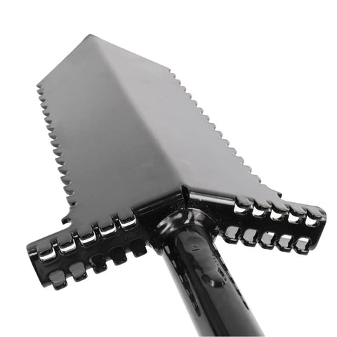Close-up of NX6 Tempered Steel 36 Inch Shovel With Double Serrated Blade And Wide Non Slip Foot Pegs For Heavy Duty Digging Root Removal
