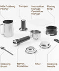 Straight Up Game Changer Espresso Machine With Built In Grinder And Genuine 20 Bar Pressure Stainless Steel Coffee Maker accessories laid out on a white background.