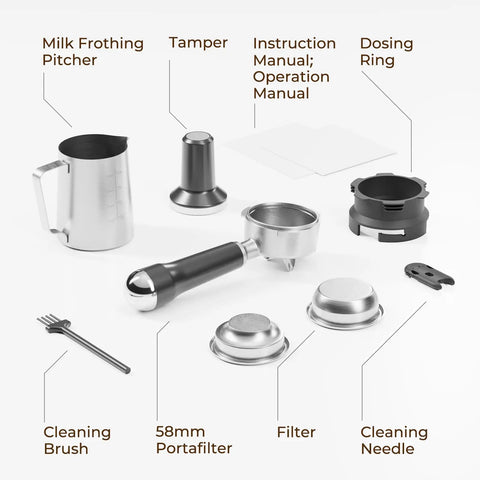Straight Up Game Changer Espresso Machine With Built In Grinder And Genuine 20 Bar Pressure Stainless Steel Coffee Maker accessories laid out on a white background.