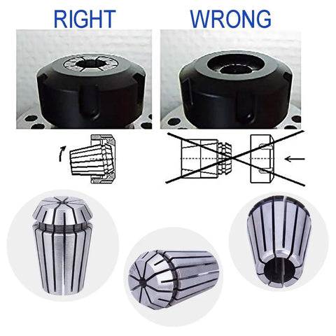 14pc ER20 Spring Collet Set showing correct and incorrect installation for CNC milling lathe and engraving tools