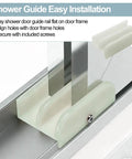 No Sweat Sliding Shower Door Bottom Track For Top Hung Glass Doors showing plastic roller guide and installation instructions.
