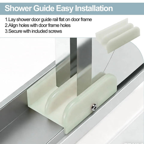 No Sweat Sliding Shower Door Bottom Track For Top Hung Glass Doors showing plastic roller guide and installation instructions.