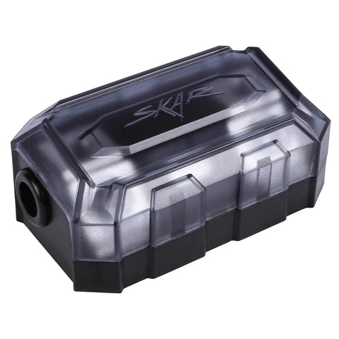 Heavy Duty ANL Fuse Holder With Two Fifty And Three Hundred Amp Fuses For One Zero Or Four Gauge Car Audio Power Drop Ins with smoked cover.