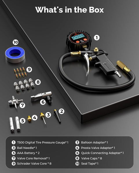 Digital Tire Pressure Gauge With Inflator 0-250 PSI Calibrated To ANSI B40.7 Grade 2A Air Chuck And Accessories Kit