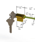 Built Tough One Point Four Inch Lock Cylinder Replacement With Five Pin Keyed Security for sliding door with keys and dimensions.