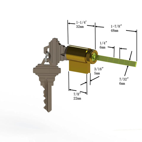 Built Tough One Point Four Inch Lock Cylinder Replacement With Five Pin Keyed Security for sliding door with keys and dimensions.