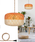 Dope Bamboo Pendant Light With Plug In Cord And Switch, 11.8 Inch Orange Hanging Lampshade in a modern living room setting.