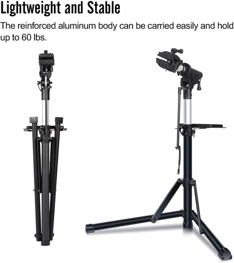 Foldable Bike Repair Stand With Height Adjustable Arm, Beefy Yet Portable Home Maintenance Rack, shown folded and extended