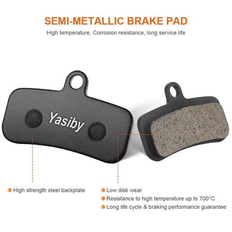 High Performance Semi Metallic Disc Brake Pad Set With Installation Tools for Shimano MT420 MT520 M6120 M7120 M8120 and Tektro TRP Ebike Mountain and Road Bikes Beefy Stopping Power 4 Pairs Replacement Pads showing semi-metallic surface and steel backplate
