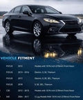 Beefed Up Front Brake Kit With 2 Front 10.94 Inch Disc Rotors, Ceramic Brake Pads And Hardware For Ford Focus 2012 2018, Volvo S40 2004 2011, C30 2012 2013 Replacement vehicle fitment guide displayed with a dark sedan car on wet pavement.